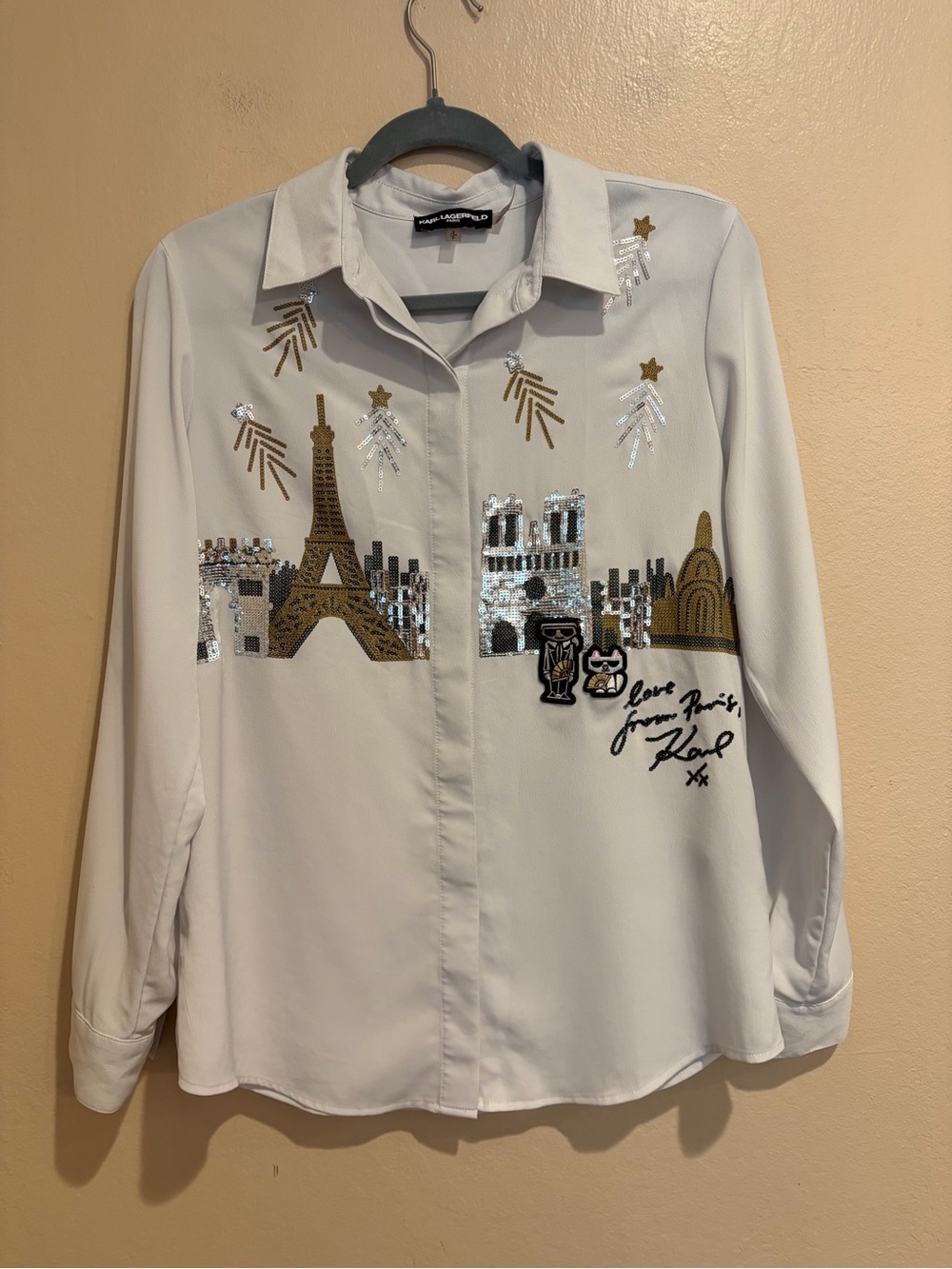 Karl Lagerfeld Slinky Dusty White Button Up, w/ Sequin City of Paris, Fireworks